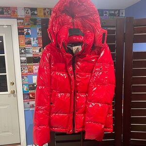 Shiny Red Puffer Jacket with Hood